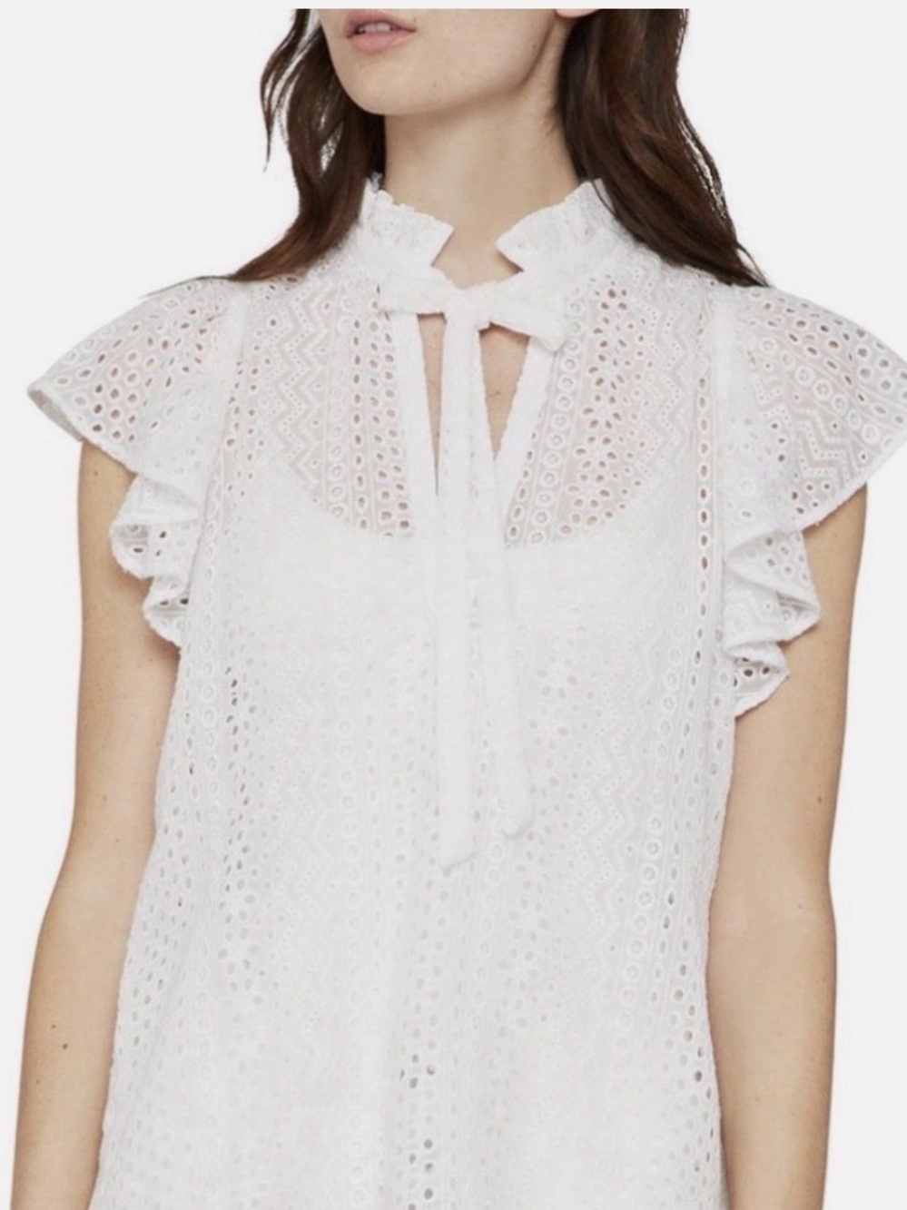 BCBGMaxAzria White Eyelet Tie-Neck Ruffle Blouse